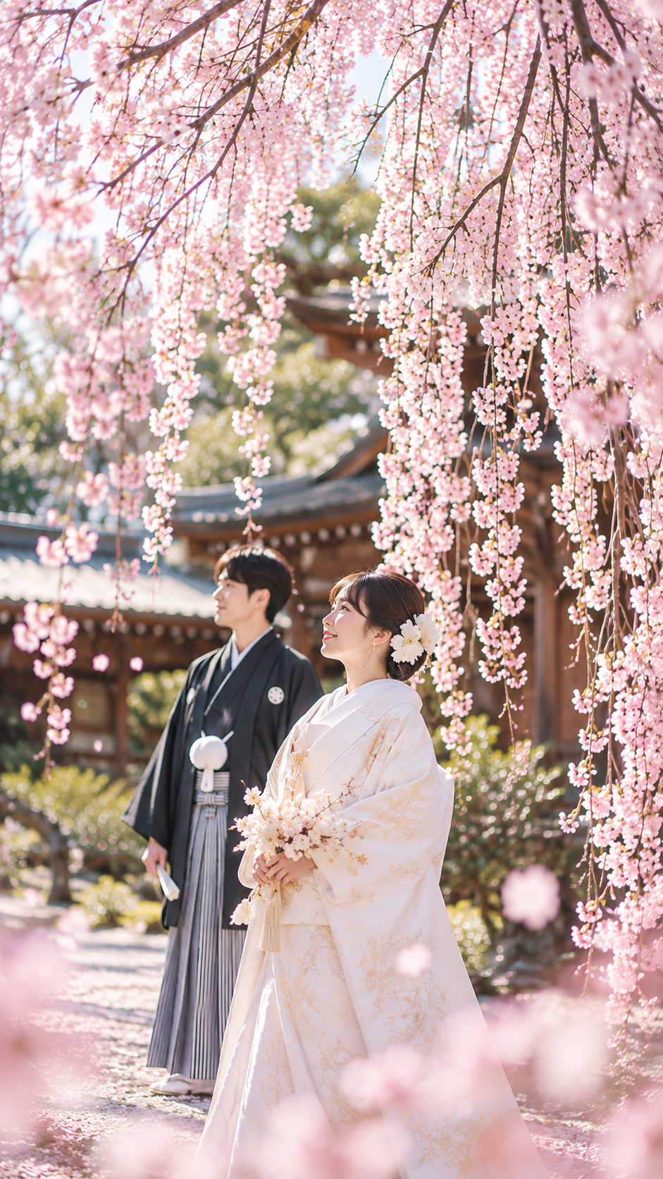 枝垂れ桜の前で撮影する和装フォトウェディング