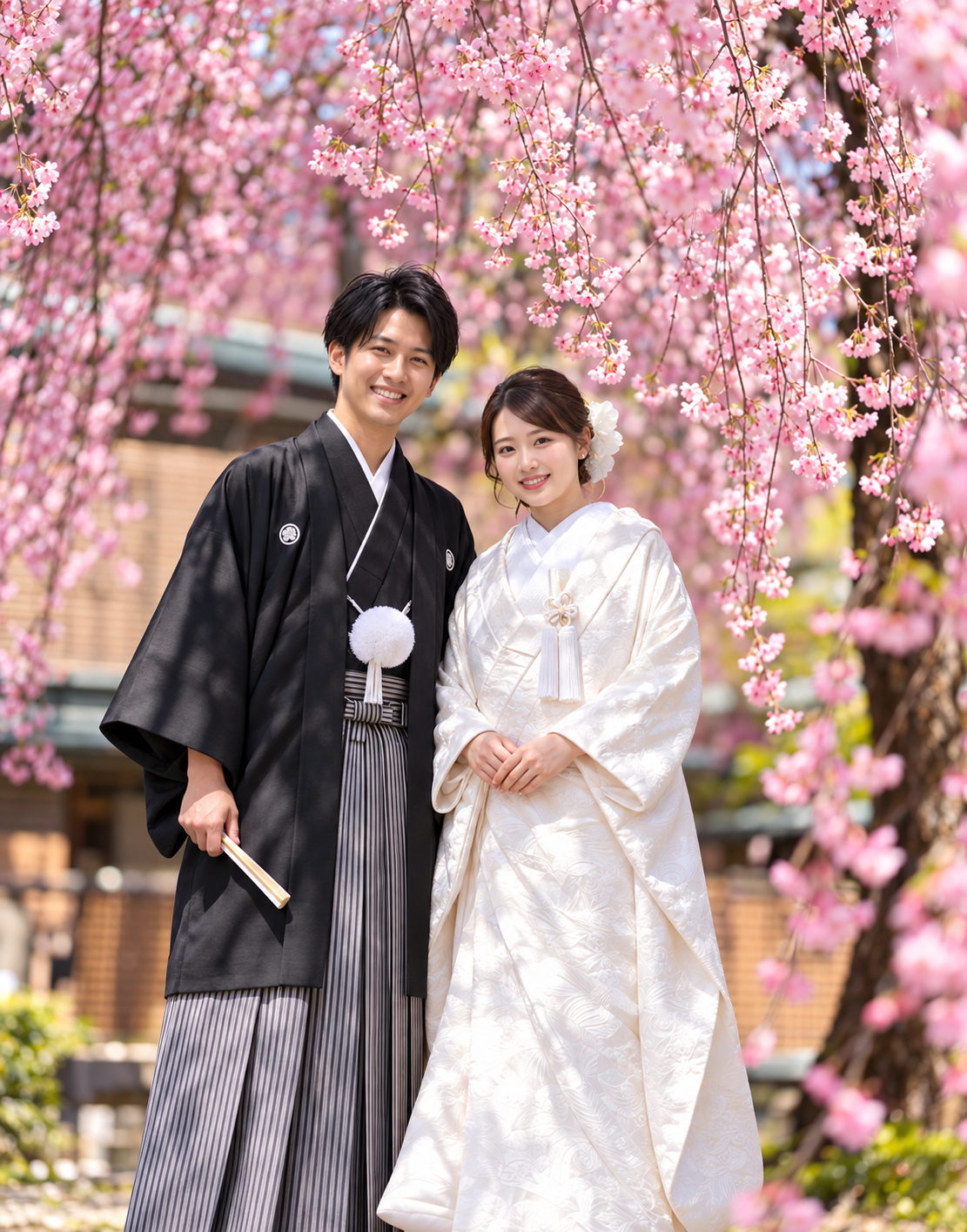 桜に囲まれて寄り添う和装の新郎新婦